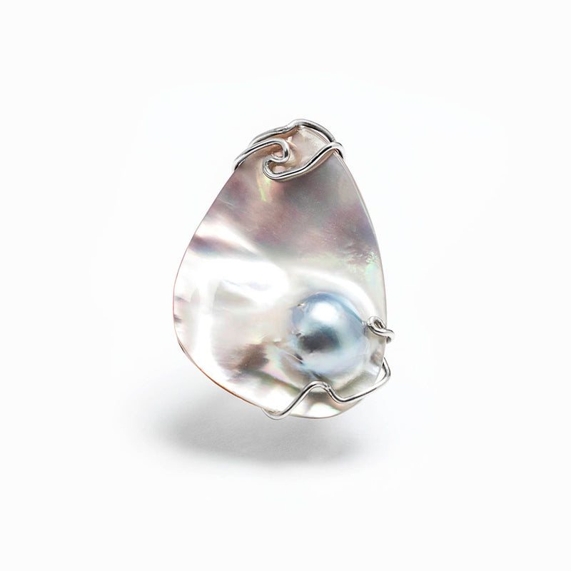 Anello argento 925 rodiato, madreperla grigia perla nascente | Pezzo Unico