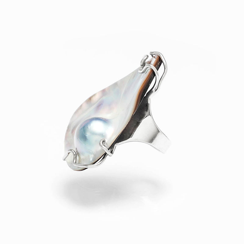 Anello argento 925 rodiato, madreperla grigia perla nascente | Pezzo Unico
