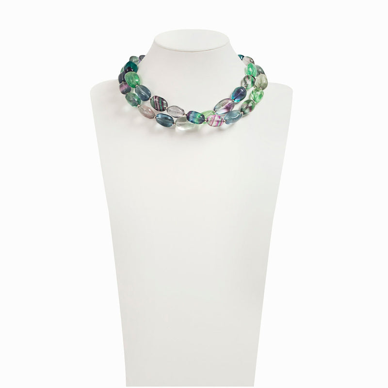 Lunghissima collana in fluorite Multicolor e argento 925 rodiato