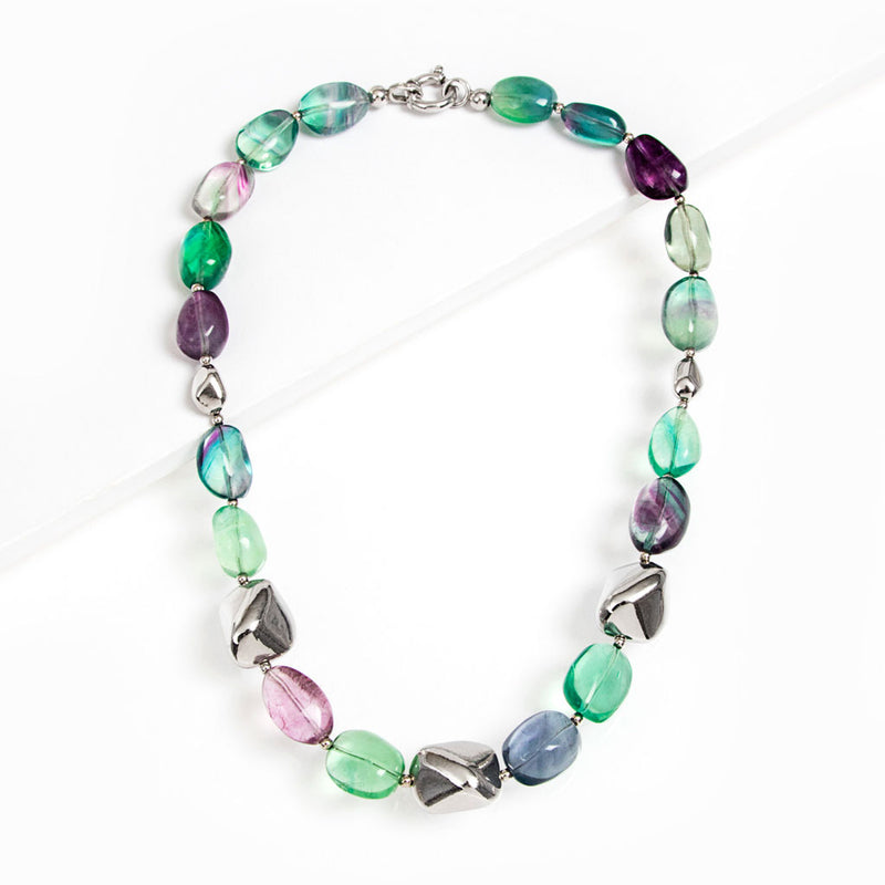 Collana fluorite Multicolor Arcobaleno pepite argento 925 rodiato