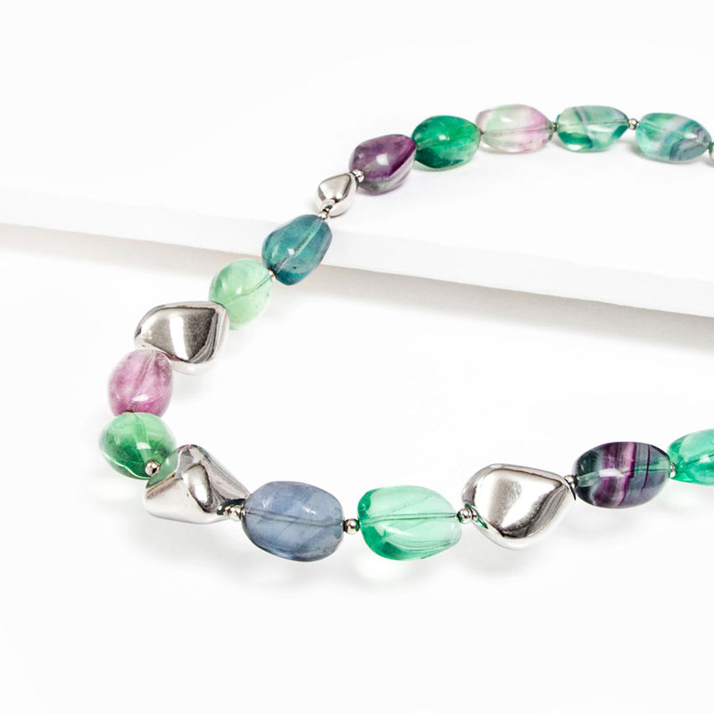 Collana fluorite Multicolor Arcobaleno pepite argento 925 rodiato