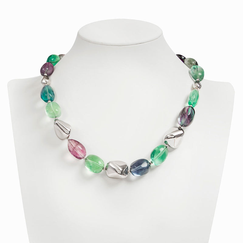 Collana fluorite Multicolor Arcobaleno pepite argento 925 rodiato