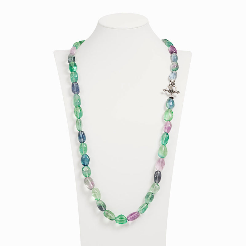 Lunghissima collana in fluorite Arcobaleno e argento 925 rodiato