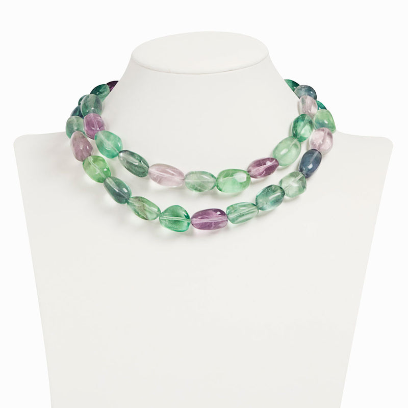 Lunghissima collana in fluorite Arcobaleno e argento 925 rodiato