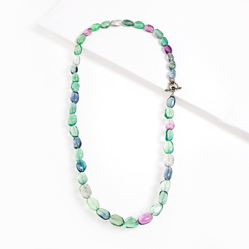 Lunghissima collana in fluorite Arcobaleno e argento 925 rodiato