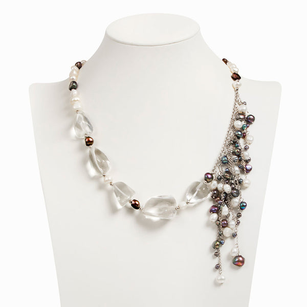 Collana cascata di perle bianche e nere, quarzo argento 925
