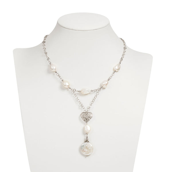 Collana con perle, catena e cuore traforato in argento 925