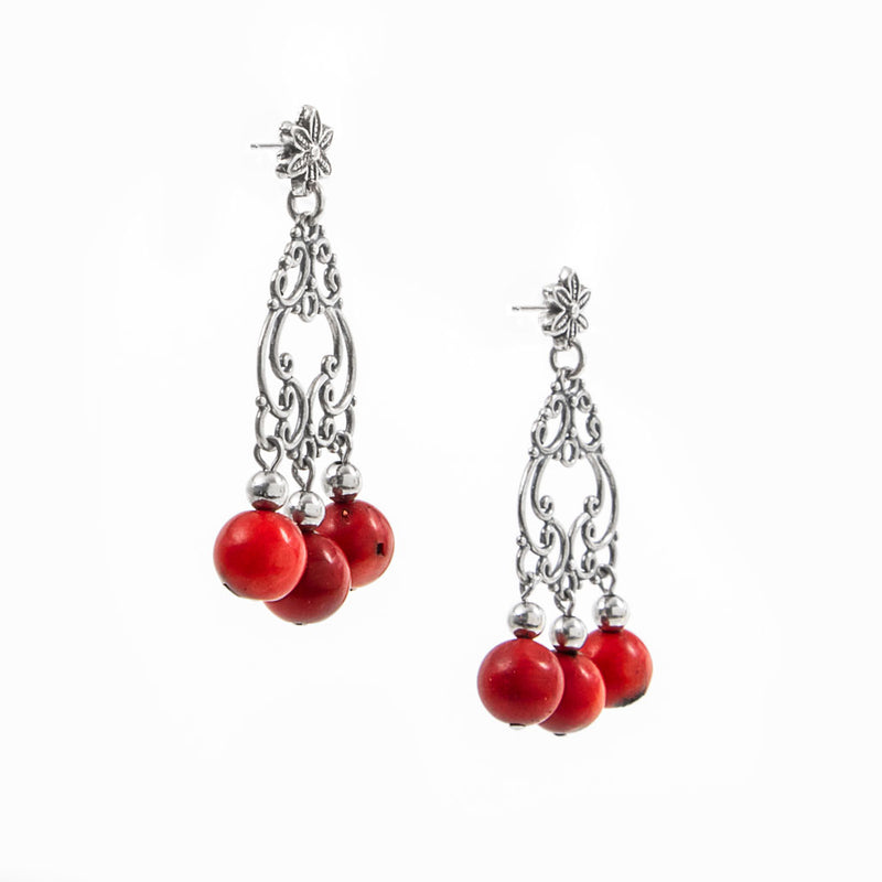 Orecchini Chandelier in argento 925 con 3 pendenti in corallo bambù rosso