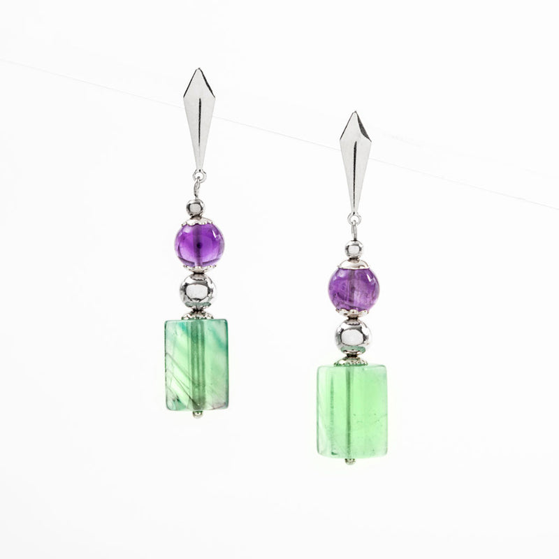 Orecchini pendenti agento 925 rodiato, fluorite verde ametista viola