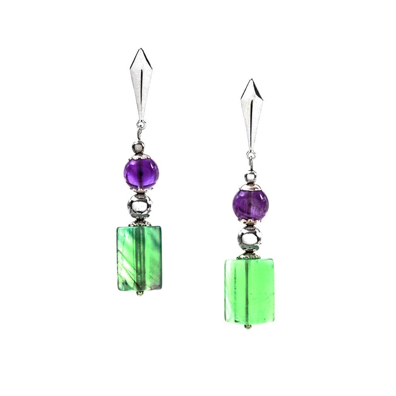 Orecchini pendenti in argento 925 rodiato, fluorite verde e ametista viola