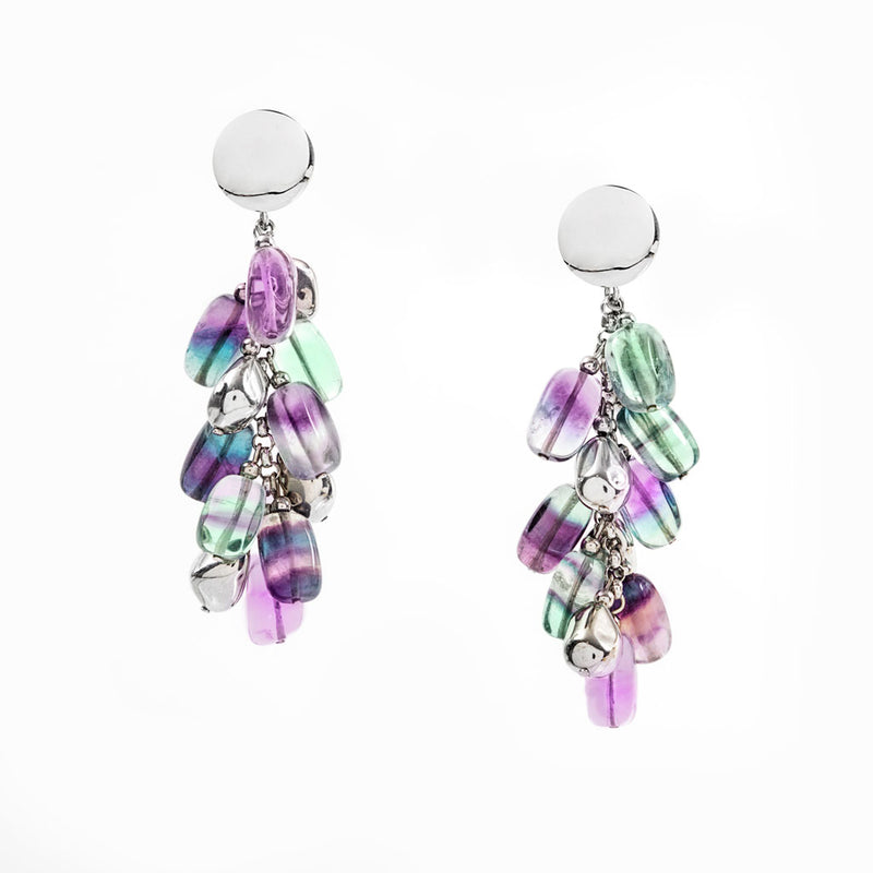 Orecchini a cascata in fluorite multicolor e argento 925 rodiato