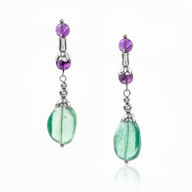 Orecchini pendenti argento 925 rodiato  fluorite | sfere ametista