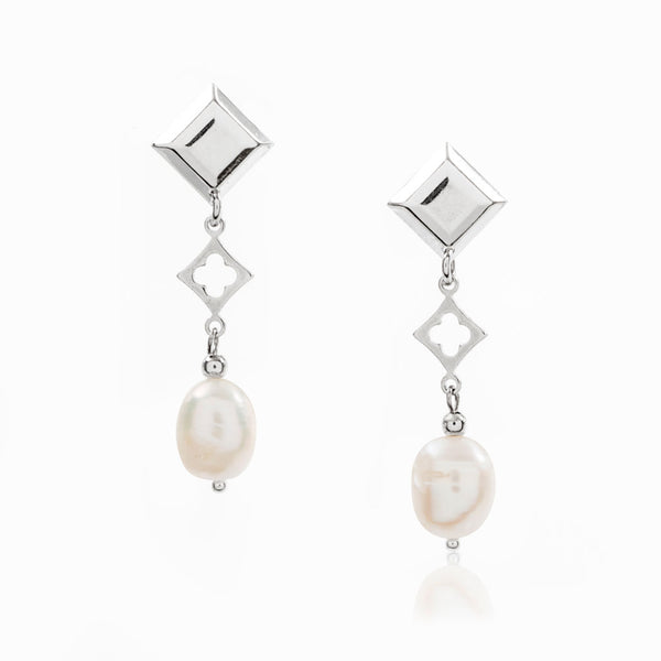 Orecchini geometrici argento 925 rodiato pendenti perle bianche