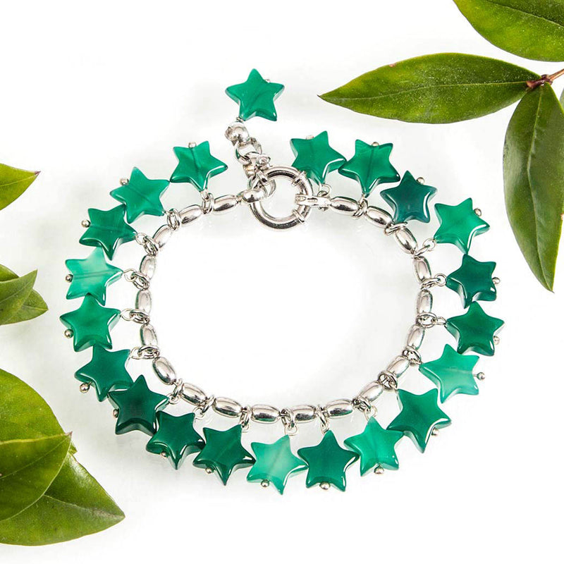 bracciale con catena in argento 925 e pendenti in agata verde a forma di stella