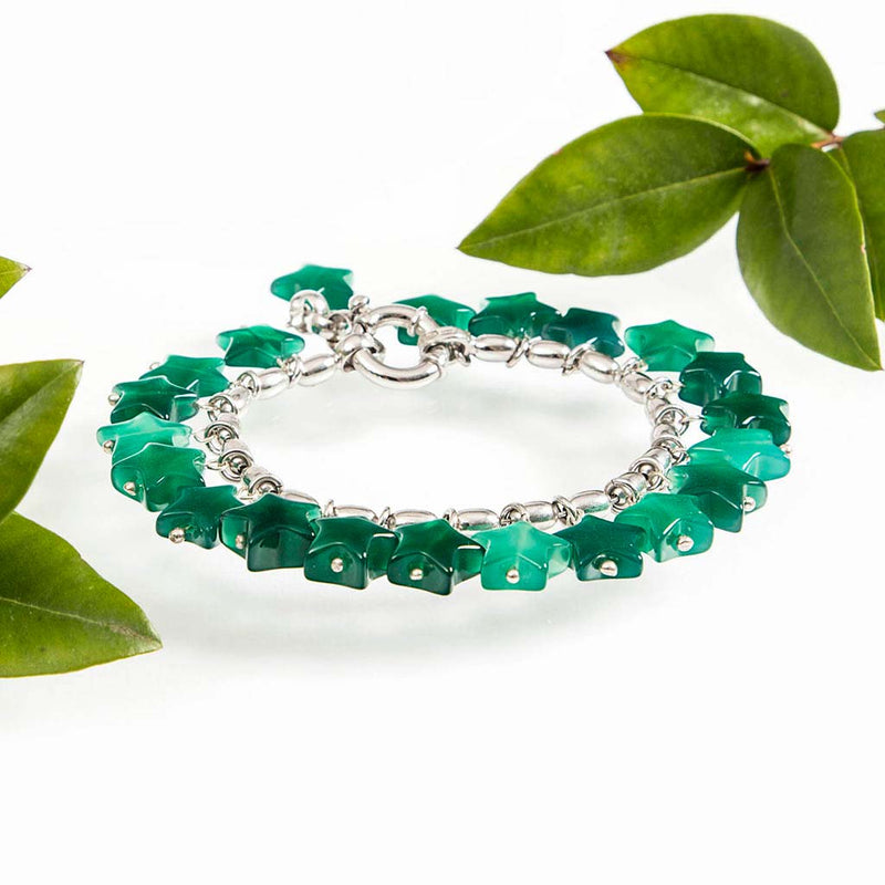 braccialetto con catena in argento 925 e pendenti in agata verde a forma di stella