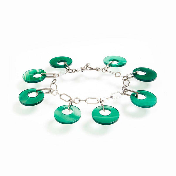 bracciale a catena in argento 925 rodiato con dischetti pendenti di agata verde