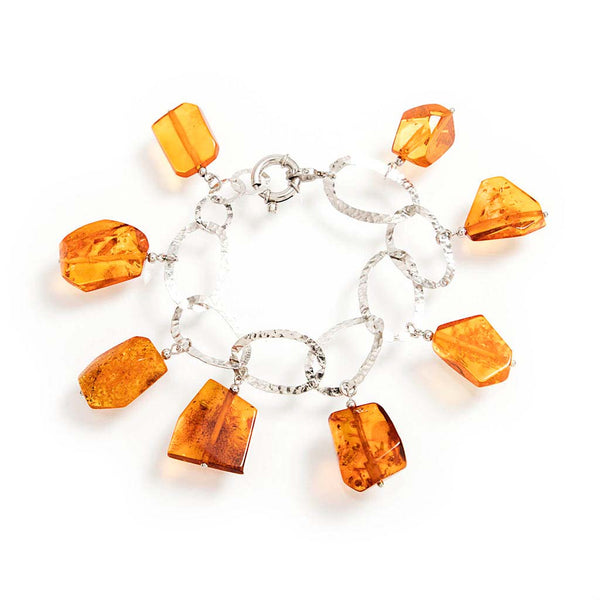 bracciale argento 925 rodiato con catena martellata e pendenti di ambra naturale