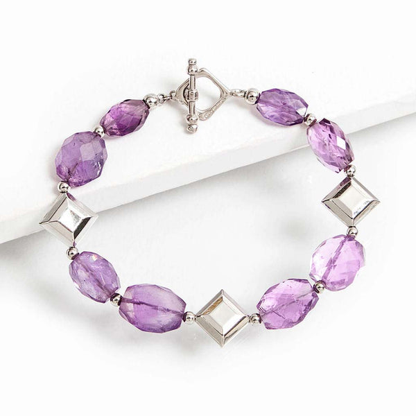 Bracciale con rombi di argento 925 rodiato e pietre di ametista viola sfaccettata