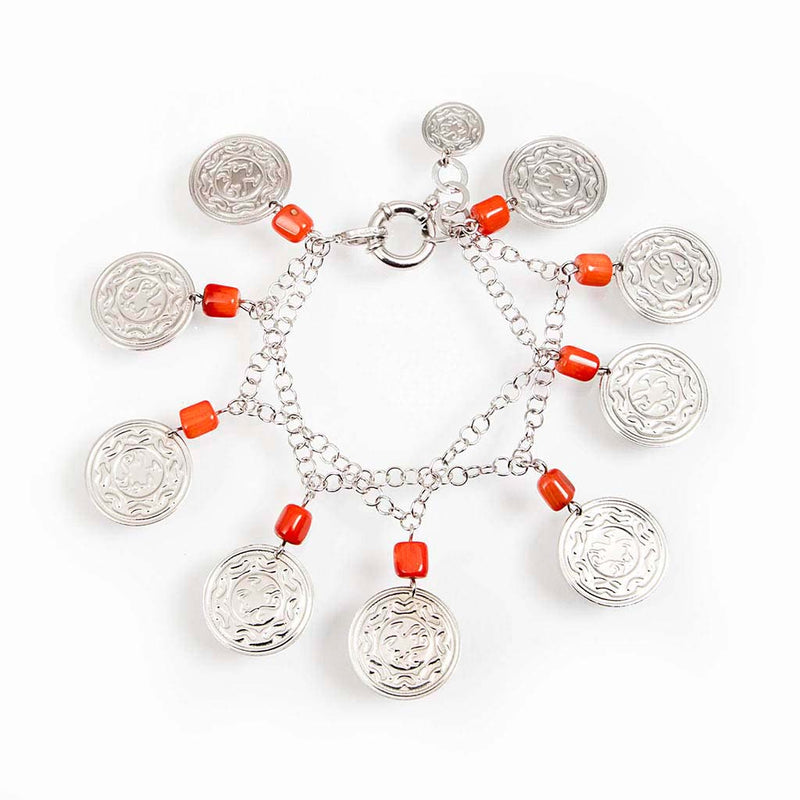bracciale regolabile catena argento 925 rodiato con pendenti moneta e corallo rosso