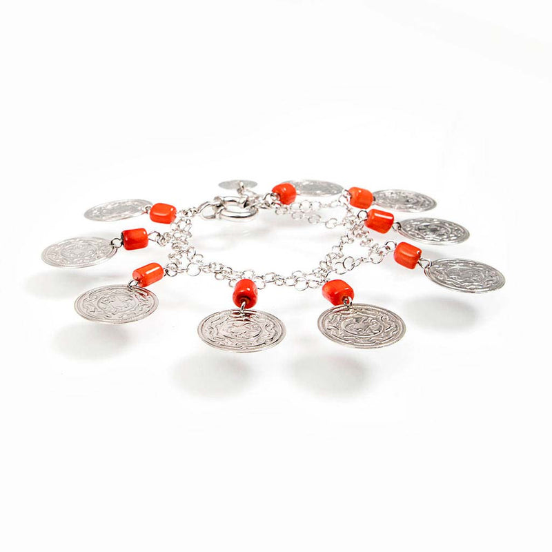 bracciale regolabile catena argento 925 rodiato con monete pendenti  e corallo rosso