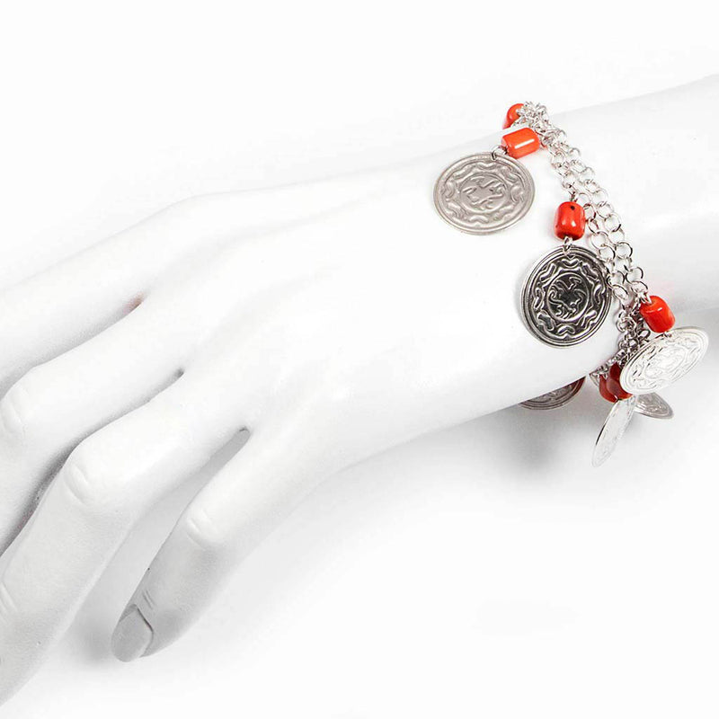 bracciale regolabile catena argento 925 rodiato con monete pendenti e corallo rosso