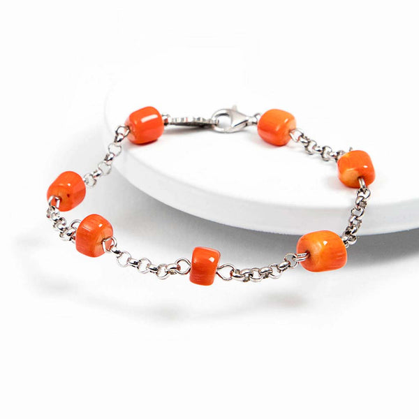braccialetto in argento 925 rodiato e corallo bamboo arancione