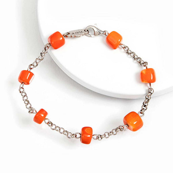 braccialetto in argento 925 rodiato e corallo bamboo arancio