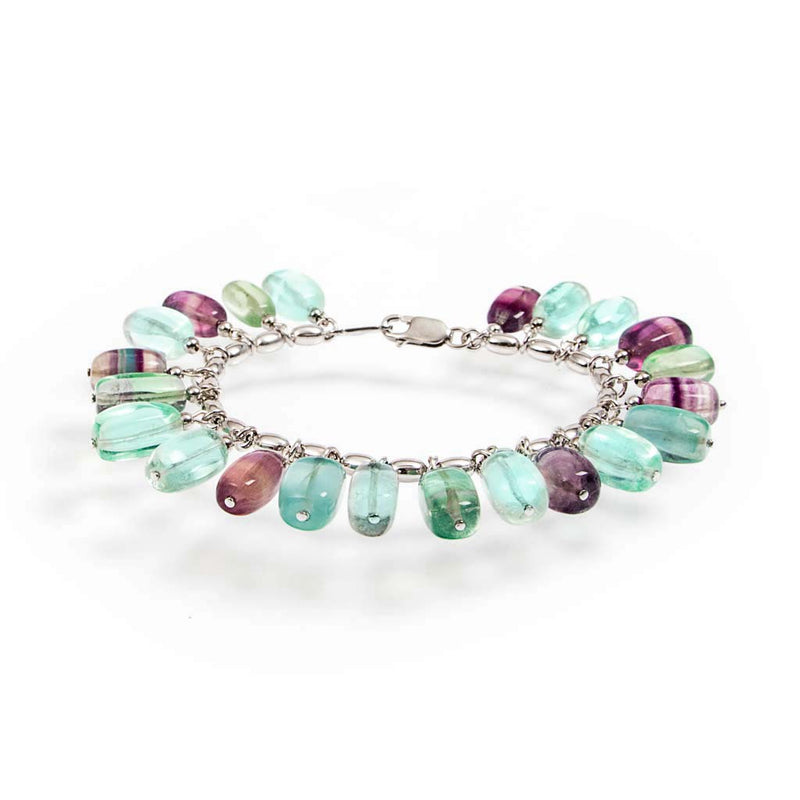 Bracciale catena in argento 925 rodiato e pendenti  fluorite multicolor