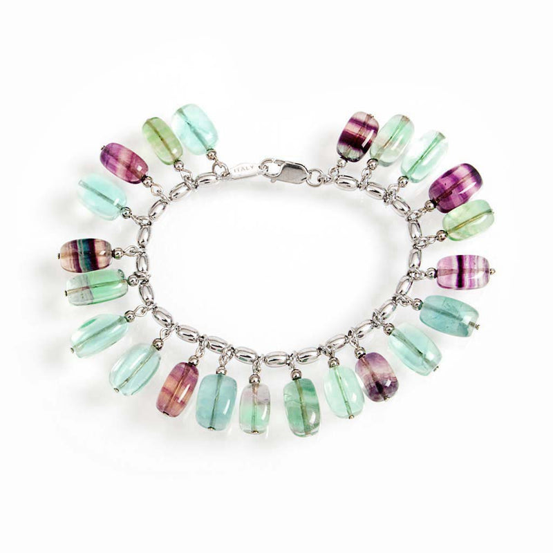 Bracciale catena in argento 925 rodiato e pendenti  fluorite multicolor