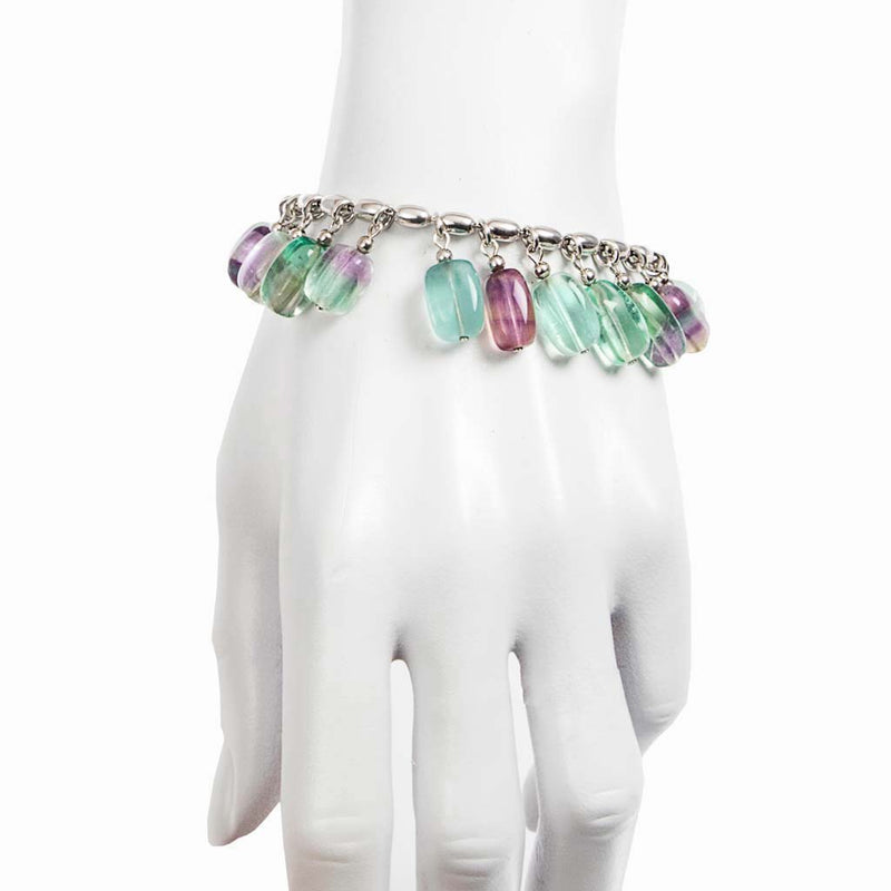 Bracciale catena in argento 925 rodiato e pendenti  fluorite multicolor