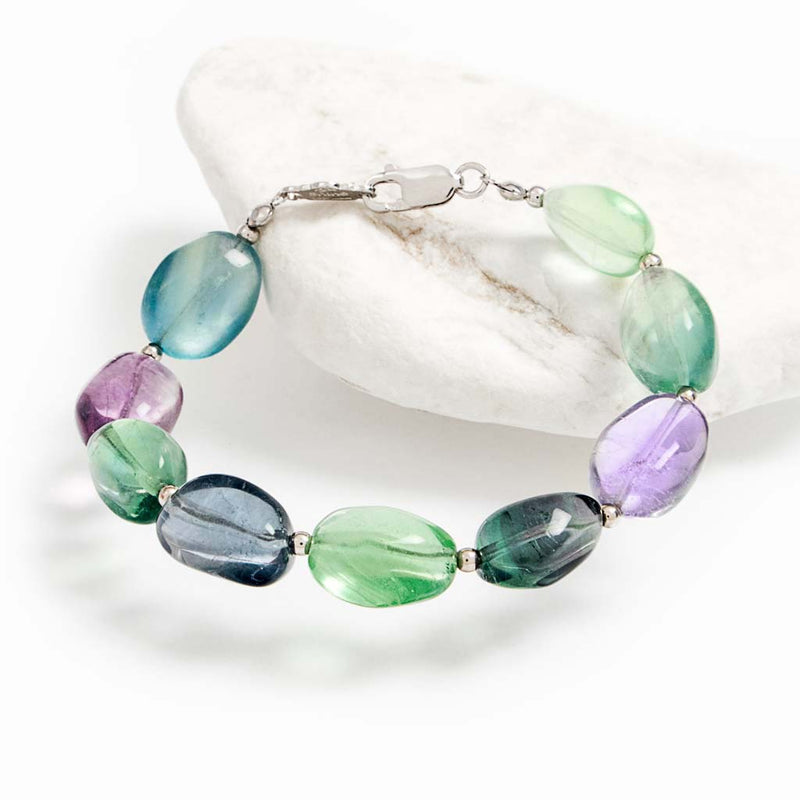 Bracciale con pietre in fluorite multicolor e argento 925 rodiato