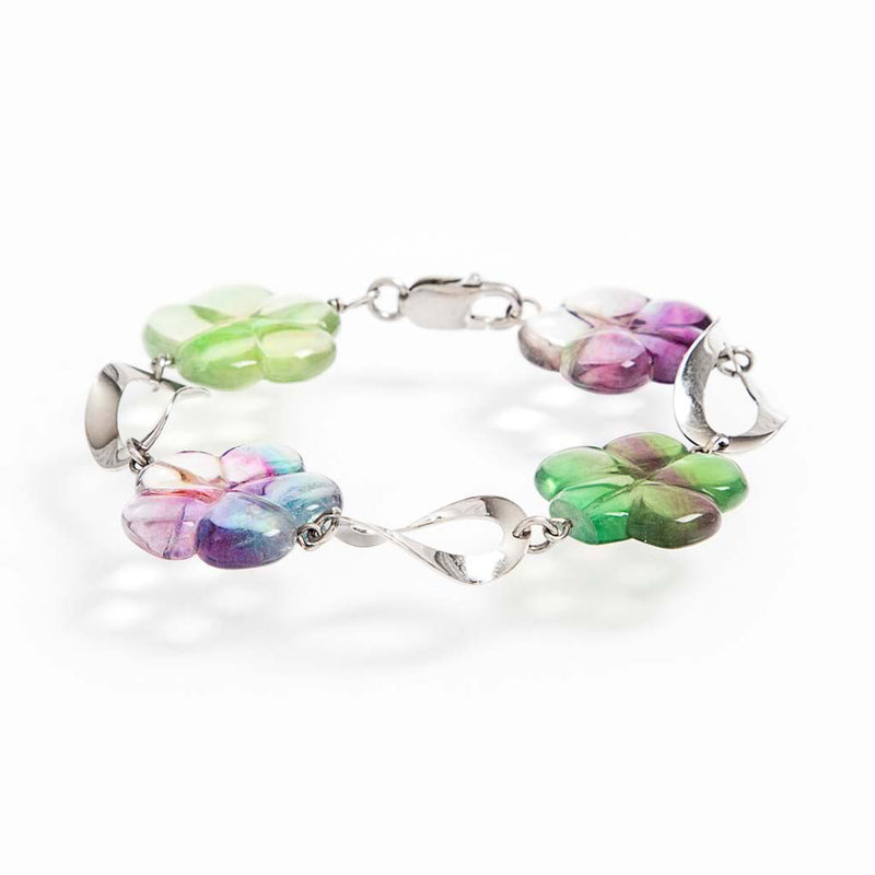 Bracciale in argento 925 rodiato ed eleganti fiori di fluorite multicolor