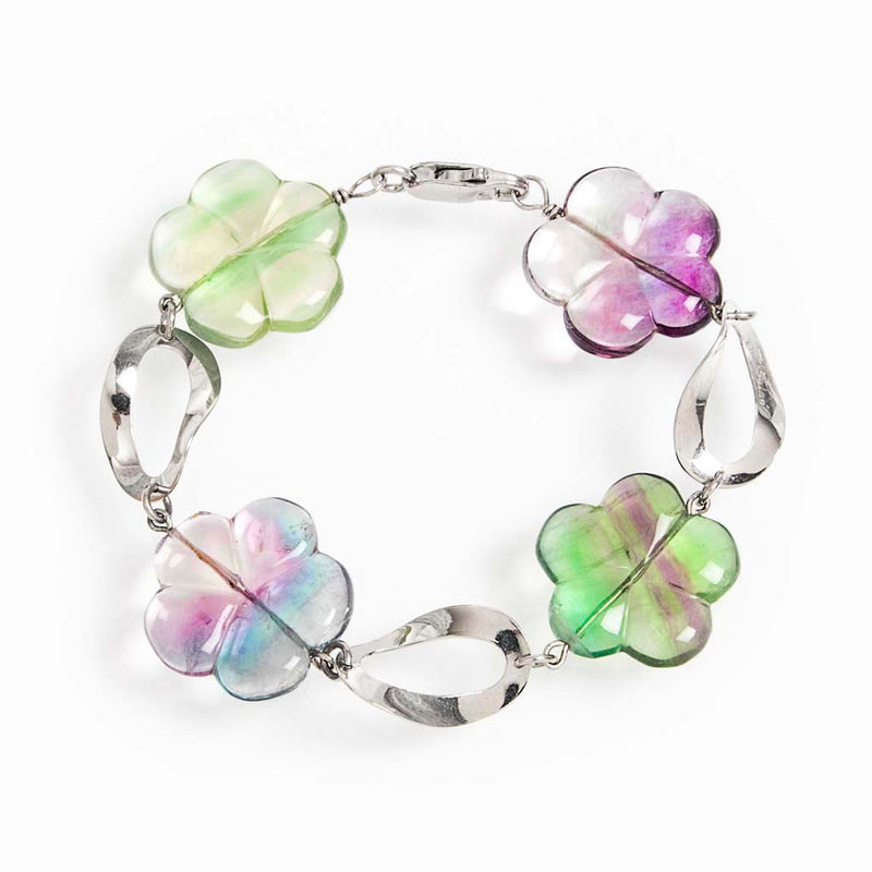 Bracciale in argento 925 rodiato ed eleganti fiori di fluorite multicolor