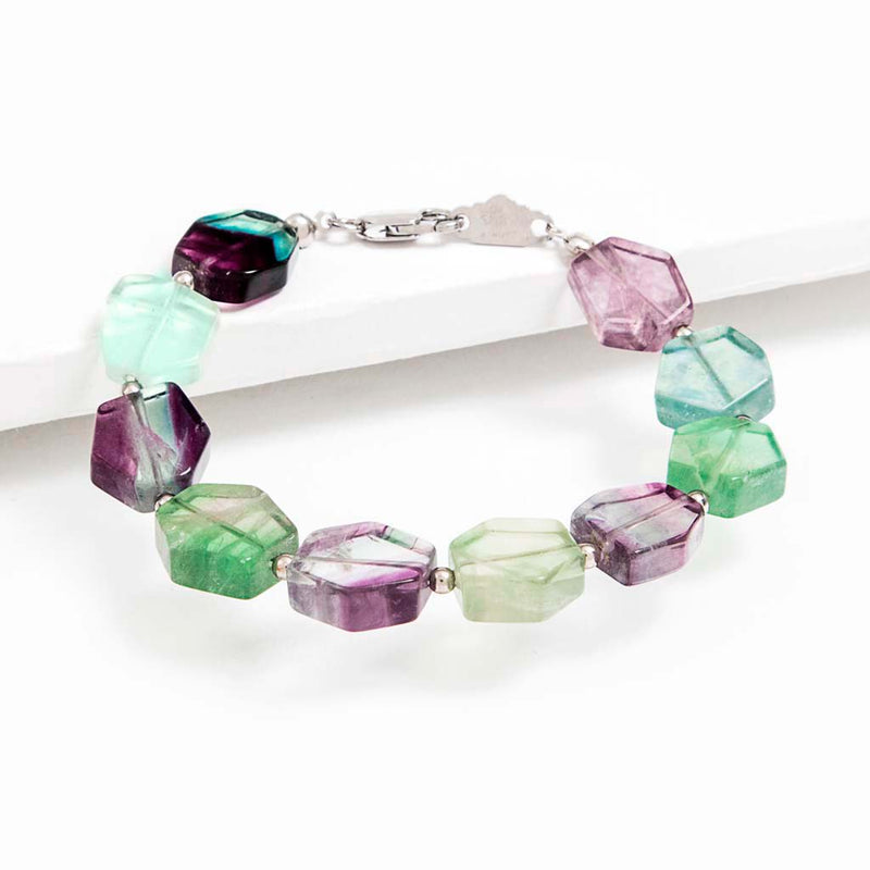 Bracciale geometrico con piastre di fluorite e argento 925 rodiato