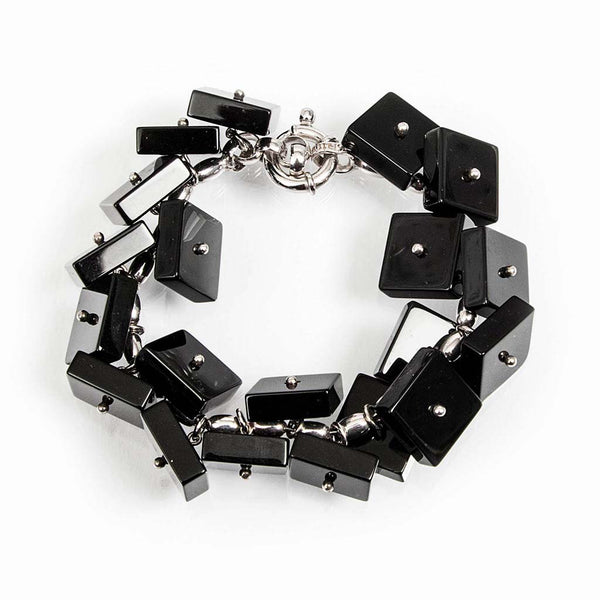 bracciale scultura con quadrati in onice nera e argento 925 rodiato