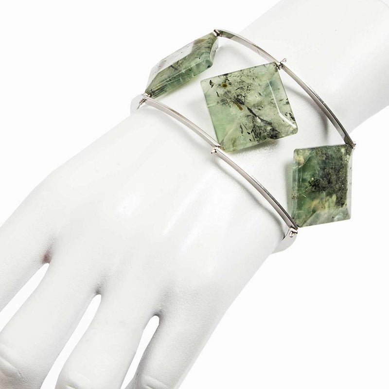 Bracciale snodato in argento 925 rodiato e Prehnite - quarzo verde